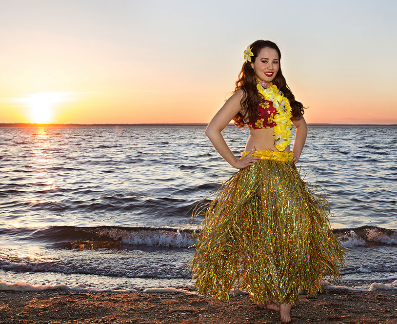 Elizabeth in gold hula skirt